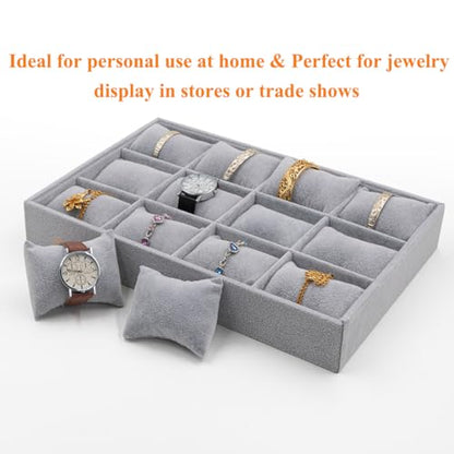 Jewelry Watch Tray, Grey Velvet Watch Jewelry Organizer 12 Grid, Stackable Watch Bracelet Bangle Display Holder, Adjustable Pillows, for Man Woman Show Birthday - color: Grey