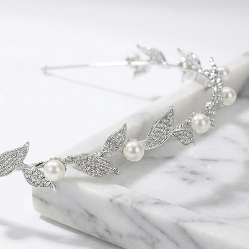 SWEETV Silver Bridal Headband, Pearl and Crystal Leaf Wedding Hair Accessories, Delicate Rhinestone Tiara Headpiece for Brides Bridesmaids Girls Prom Party