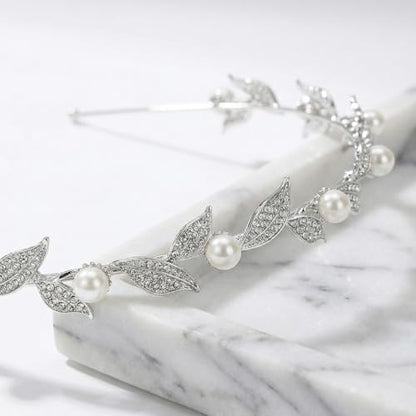 SWEETV Silver Bridal Headband, Pearl and Crystal Leaf Wedding Hair Accessories, Delicate Rhinestone Tiara Headpiece for Brides Bridesmaids Girls Prom Party