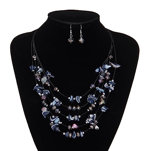 Multi-Layer Boho Shell Beaded Necklace for Women Colorful Crystal Strand with Silver Beads Statement Collars Necklace and Earrings Costumes Jewelry Sets for Women - color: 45-Black