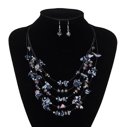 Multi-Layer Boho Shell Beaded Necklace for Women Colorful Crystal Strand with Silver Beads Statement Collars Necklace and Earrings Costumes Jewelry Sets for Women - color: 45-Black