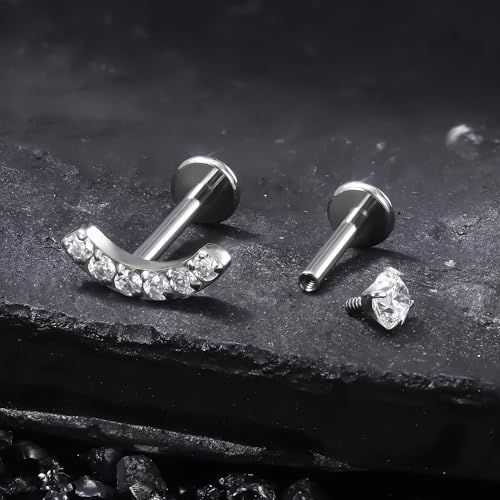 Titanium Flat Back Lip Rings Internally Threaded Earrings Studs Nose Rings 16G Cross Curve Stripe Tragus CZ Cartilage Lobe Rook Helix Conch Labret Medusa Piercing Jewelry for Women Men - style: Curve