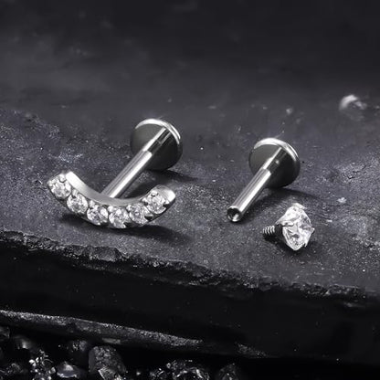 Titanium Flat Back Lip Rings Internally Threaded Earrings Studs Nose Rings 16G Cross Curve Stripe Tragus CZ Cartilage Lobe Rook Helix Conch Labret Medusa Piercing Jewelry for Women Men - style: Curve