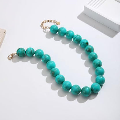 Chunky Necklaces for Women Trendy 20MM Large Resin Beaded Necklace Bold Statement Chunky Choker Necklace Boho Beads Summer Beach Jewelry - color: Turquoise