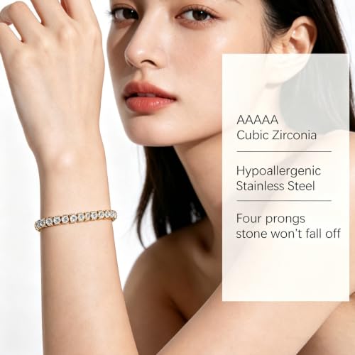 Tennis Bracelets for Women Men Adjustable, AAA Cubic Zirconia Stainless Steel Bracelet Sparkle Simulated Diamond Bangle - color: 18K Gold Plated