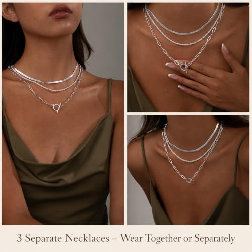 Freekiss 3-Piece Layered Toggle Necklace for Women | Gold/Silver necklace set with herringbone, rope, and paperclip chains plus a toggle clasp for layering, parties, and gifts - color: 3-Piece Paperclip Silver