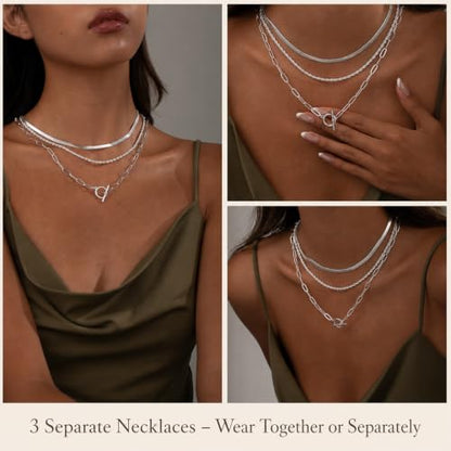 Freekiss 3-Piece Layered Toggle Necklace for Women | Gold/Silver necklace set with herringbone, rope, and paperclip chains plus a toggle clasp for layering, parties, and gifts - color: 3-Piece Paperclip Silver