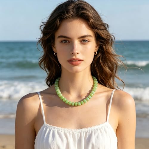 Chunky Heart Necklaces for Women Colorful Resin Beaded Necklaces for Women Gold Puffy Heart Statement Necklace Trendy Acrylic Choker Jewelry Gift - color: B-Light green