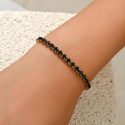 18K Gold Plated Tennis Bracelets for Women, Adjustable Cubic Zirconia Bracelet with Multi-color 4mm CZ Diamond Paperclip Chain, Dainty Trendy Birthday Bridal Jewelry Gifts for Women Daily Party Wear - color: Black