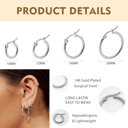 5 Pairs Silver Gold Small Hoop Earrings for Women Surgical Steel Huggie Set | 10 12 14 16 20 mm, Lightweight, Hypoallergenic, 14K Gold Plated 316L Stainless Steel Jewelry, Multiple Piercing - color: Silver+Gold/8 Pairs