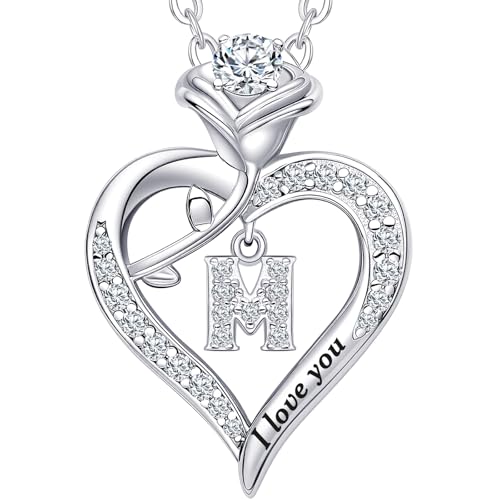 Rose Heart Pendant Necklace Gifts for Wife, Engraved 'I love you' Gift for Wife Girlfriend, Anniversary Birthday Eternity Jewelry Present for Women, Moissanite Necklace Gift for Her - style: M