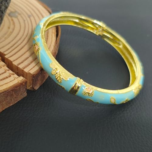 Cloisonne Bracelet For Women, Chunky Bangle Trendy Cute Flower Enamel Bangles Multi Tone Engraved Cuff Gold Plated Bracelets Stackable Wife Jewelry Friendship Gift - color: Blue&Blue Set