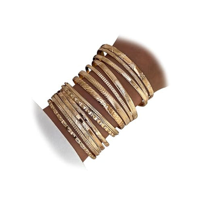 17IF Gold Bangle Bracelet For Women, 14k Multilayer Charm Textured Stackable Bracelets Boho Indian Chunky Cuff Fashion Jewelry Gift - style: 14 Pcs