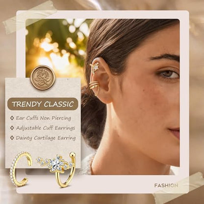 Florideco 4 PCS Ear Cuffs Non Piercing Hypoallergenic 14K Gold Plated Ear Cuff Earrings for Women Trendy CZ Clip On Cartilage Earring Set Dainty Adjustable Fake Piercings Earrings - color: Northstar: 14K Gold Plated