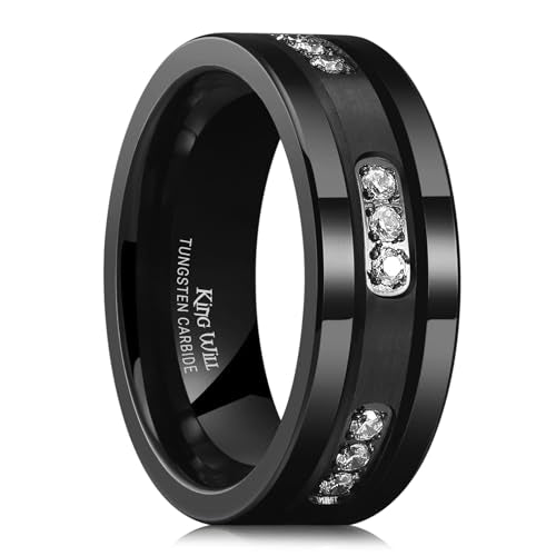 King Will Mens Tungsten Wedding Band with Cubic Zircon Inlay 7mm/8mm Flat Cut Comfort Fit Engagement Rings - color: B-Black&White-8mm