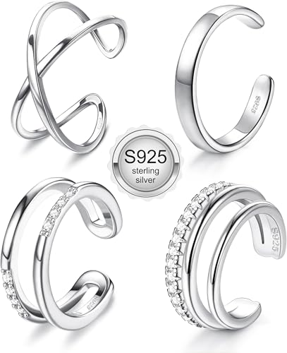 JeryWe 4 Pcs 925 Sterling Silver Ear Cuff for Women Non Piercing Adjustable Ear Cuff Earrings Clip On Cartilage Helix Wrap Ear Jewelry Set - color: Silver Plated