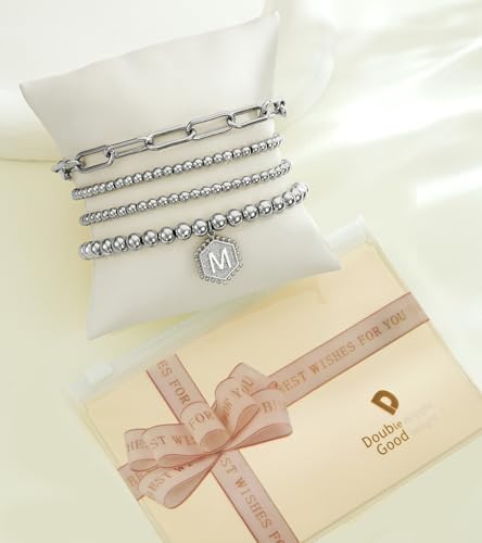 doubgood Gold Bracelets for Women, 14K Gold Plated Stackable Initial Beaded Bracelet with Letter Pendant Waterproof Stretch Trendy Stack Jewelry Set Gifts for Mom Christmas - color: N - Silver