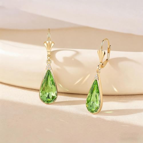 Teardrop Austrian Crystal Leverback Dangle Drop Earrings for Women | 14K Gold Plated,Classic Teardrop Elegance,Leverback for Easy Secure Wear,Gift Box Included, Brighten Up Daily and Party Looks - color: Fern Green