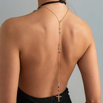 Back Body Chain for Women Boho Pearl Cross Flower Back Drop Necklace Adjustable Y-Shaped Lariat Back Jewelry - color: colorful