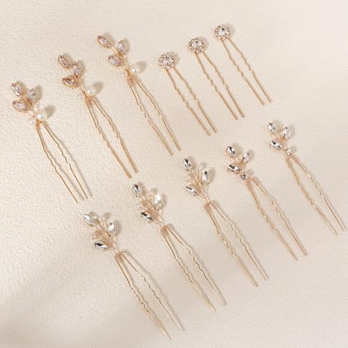 11 Pieces Bride Hair Pins Rhinestones Hair Accessories for Women Crystal Hair Piece for Wedding Bride Women Bridesmaids - color: 04 Gold-UJ-1029