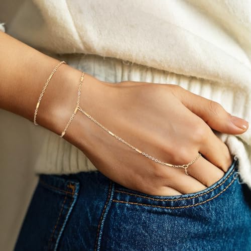 Emibele Gold Bracelets for Women, 18K Gold Plated Hand Chain, Cubic Zirconia Stainless Steel Non Tarnish Hand Chain Bracelet with Finger Ring, Adjustable Trendy Jewelry Valentines Day Gifts for Women - style: Sparkling Chain