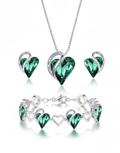 Leafael Necklace Gift Set for Women, Infinity Love Birthstone Heart Pendant with Matching Earrings and Bracelet, for Mom and Wife, Silver Plated - color: 05-Set-May-Emerald Green