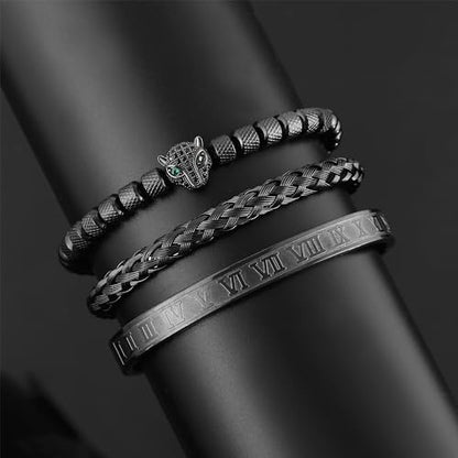 WFYOU 3PCS Stainless Steel Imperial Crown Bracelets for Men Gold Roman Numeral Bangle Bracelet Adjustable Cuff Bracelet Mens Luxury Jewelry Gifts - style: 12:Black-CZ Leopard Head