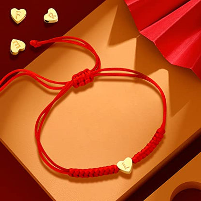 Dainty Gold Heart Love Charm Initial Bracelet Black Pink Red String Rope Letter Bracelet for Women Men Christmas Gift - color: Red