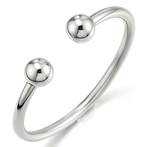 COOLSTEELANDBEYOND Elastic Adjustable Stainless Steel Ball Cuff Bangle Bracelet for Men Women Polished - color: Metal Color:Silver