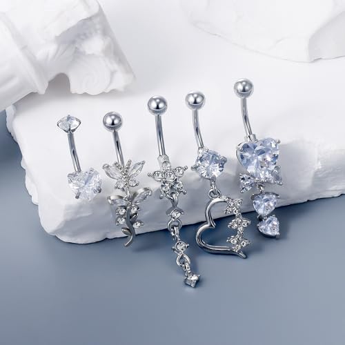 Vsnnsns 14G Dangle Belly Button Ring Piercing Jewelry 316L Stainless Surgical Steel Navel Rings Cubic Zirconia Heart Flower CZ Dangling Belly Button Ring Piercing Jewelry for Women 14 Gauge - color: Silver-Clear CZ