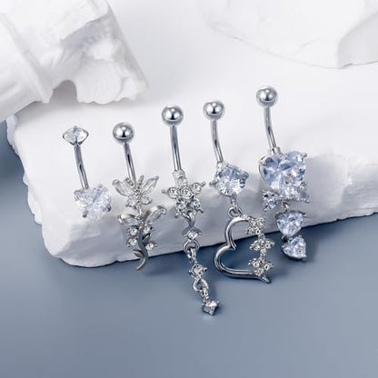 Vsnnsns 14G Dangle Belly Button Ring Piercing Jewelry 316L Stainless Surgical Steel Navel Rings Cubic Zirconia Heart Flower CZ Dangling Belly Button Ring Piercing Jewelry for Women 14 Gauge - color: Silver-Clear CZ