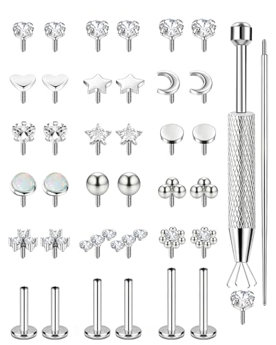 ONESING Flat Back Stud Earrings for Women 14K Gold/Silver Plated Surgical Steel Internally Threaded Studs Piercing for NoseLabret Tragus Conch Cartilage 16G/18G/20G Flatback Nose Stud Lip Medusa Piercing Jewelry - color: Silver, size: 16G-Bar Length 6mm/8
