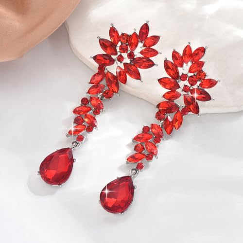 Silver Rhinestone Wedding Earrings for Women,Silver Sparkling Crystal Chandelier Earrings,Formal Cocktail Prom Teardrop Dangle Drop Statement Jewelry - color: Red