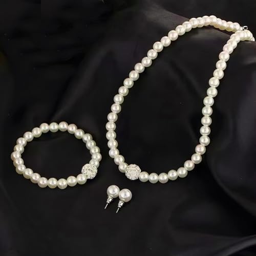 Pearl Bride Wedding Jewelry Set Faux Pearls Necklace Earrings Bracelet Sets for Women Bridesmaid Wedding(3 PCS) (White-Round)