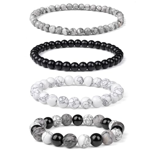 Vinswet 4pcs Beaded Bracelets for Women,Natural Healing Crystal Gemstones Bracelet,Anxiety Stress Relief Bracelet Handmade purple Jewelry Gifts for Women - color: Map stone&Black agate&White turquoise