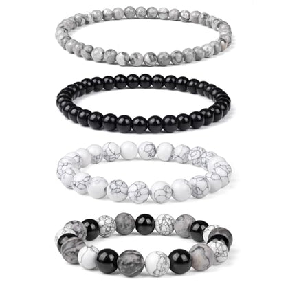 Vinswet 4pcs Beaded Bracelets for Women,Natural Healing Crystal Gemstones Bracelet,Anxiety Stress Relief Bracelet Handmade purple Jewelry Gifts for Women - color: Map stone&Black agate&White turquoise