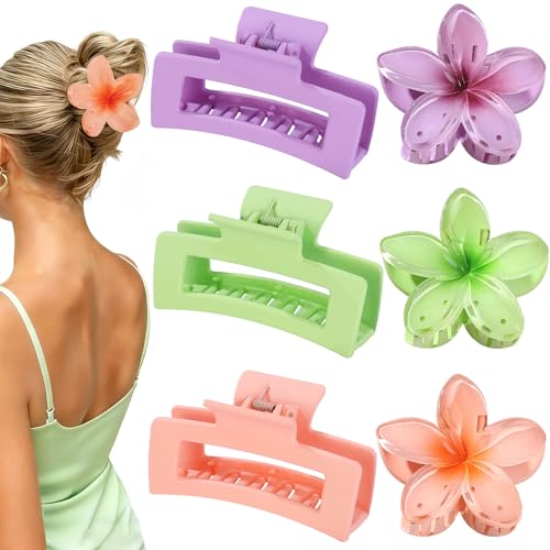 Flower Hair Clips for Women, Square Claw Clips for Girls 6 PCS - Purple | 2 Styles Hair Claw Clips for Thick or Thin Hair Hawaiian Hibiscus Rectangle Large Plumeria Medium Hair Accessories for Women - color: Purple