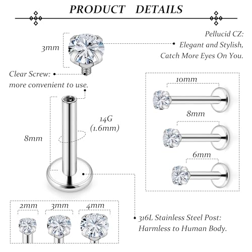 14G Lip Rings Stainless Steel Tragus Helix Conch Piercing Jewelry Snake Bite Piercing Monroe Lip Rings Labret Medusa Cartilage Lobe Earrings Studs Piercing Jewelry 6MM 8MM 10MM Silver 18PCS - color: 6MM 8MM 10MM-Silver,2mm/3mm/4mm CZ