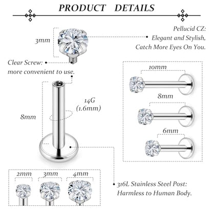 14G Lip Rings Stainless Steel Tragus Helix Conch Piercing Jewelry Snake Bite Piercing Monroe Lip Rings Labret Medusa Cartilage Lobe Earrings Studs Piercing Jewelry 6MM 8MM 10MM Silver 18PCS - color: 6MM 8MM 10MM-Silver,2mm/3mm/4mm CZ