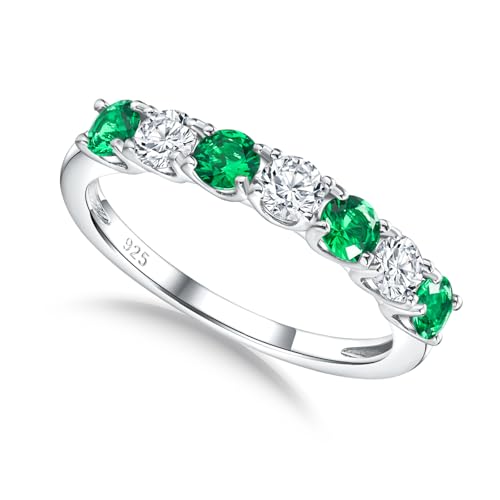 3.5mm Stackable Rings S925 Sterling Silver Created Birthstone & Cubic Zirconia Ring for Women Wedding Bands Anniversary Birthday Jewelry Size 6 to 10(with Box) - color: 05-Created Emerald & CZ-May
