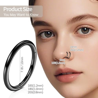 WBRWP 2Pcs Titanium Nose Rings for Women Hypoallergenic Double Hoop | Cartilage Earrings Conch Tragus Rook Piercing Jewelry 16G 18G 20G 7MM 8MM 10MM - color: Black, size: 20g 8mm