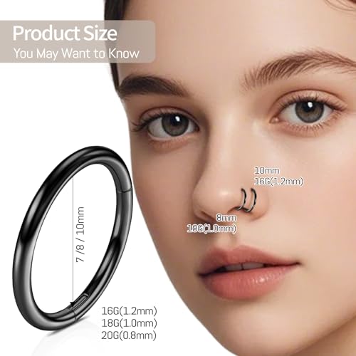 WBRWP 2Pcs Titanium Nose Rings for Women Hypoallergenic Double Hoop | Cartilage Earrings Conch Tragus Rook Piercing Jewelry 16G 18G 20G 7MM 8MM 10MM - color: Black, size: 20g 7mm