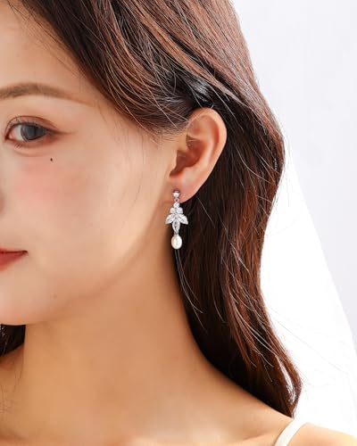 Pearl Earrings for Women, 14k Gold Plated Trendy Diamond Pearl Drop Earrings Bridal Shower Gifts Wedding jewelry for Women - color: Style E Silver