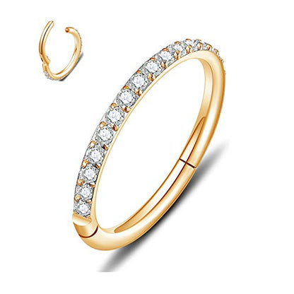 MissNity 20G, 18G, 16G, 14G Hinged Nose Rings Hoop with Gem in 316L Surgical Steel, Septum Clicker Cartilage Earrings Conch Daith Helix Rook Ear Lobe Piercing Jewelry, Diameter 6mm to 12mm - color: 02: Gold - Clear CZ