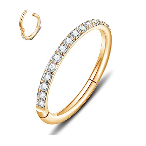 MissNity 20G, 18G, 16G, 14G Hinged Nose Rings Hoop with Gem in 316L Surgical Steel, Septum Clicker Cartilage Earrings Conch Daith Helix Rook Ear Lobe Piercing Jewelry, Diameter 6mm to 12mm - color: 02: Gold - Clear CZ