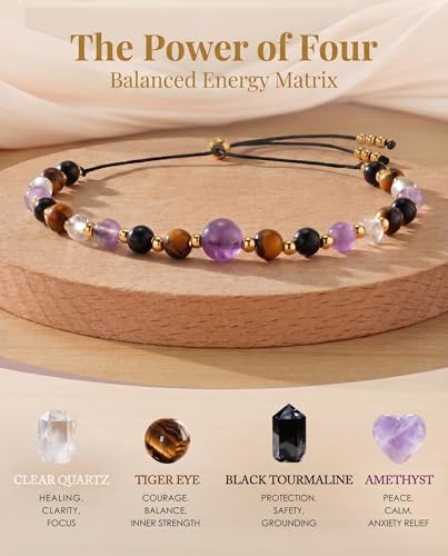 HGDEER Calm in Every Bead, Amethyst Crystal Bracelet Stress Relief Gift | Black Tourmaline Amethyst Tiger Eye & Clear Quartz on Sturdy Cord, Slider Adjusts 5-10 in, Crystal Blessing Card & Pouch