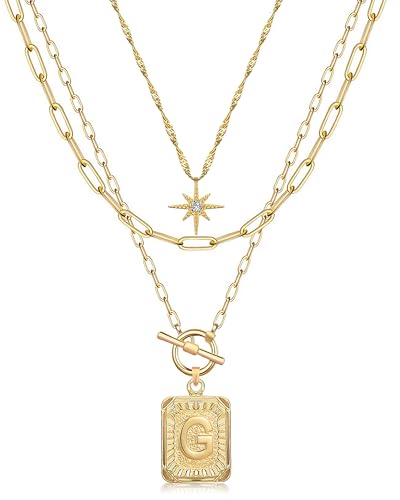 MJartoria Layered Initial Necklaces for Women | 14K Gold Plated Brass, Star Choker, Square Letter Pendant, Paperclip Chain - color: Gold, style: G