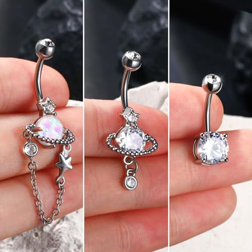 Jewseen 3PCS Belly Button Ring Dangle Surgical Steel Zircon Opal Moon Star Planet Space Design Navel Ring 14G Curved Barbell Fashion Piercing Jewelry - color: planet