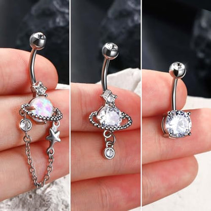 Jewseen 3PCS Belly Button Ring Dangle Surgical Steel Zircon Opal Moon Star Planet Space Design Navel Ring 14G Curved Barbell Fashion Piercing Jewelry - color: planet