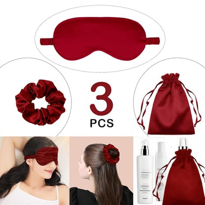 3Pcs Satin Eye Mask Silk Sleep Masks Set Silky Blindfold Eyeshade Blackout Eyes Cover Pouches Bag Scrunchy Wedding Gift - color: Dark Red